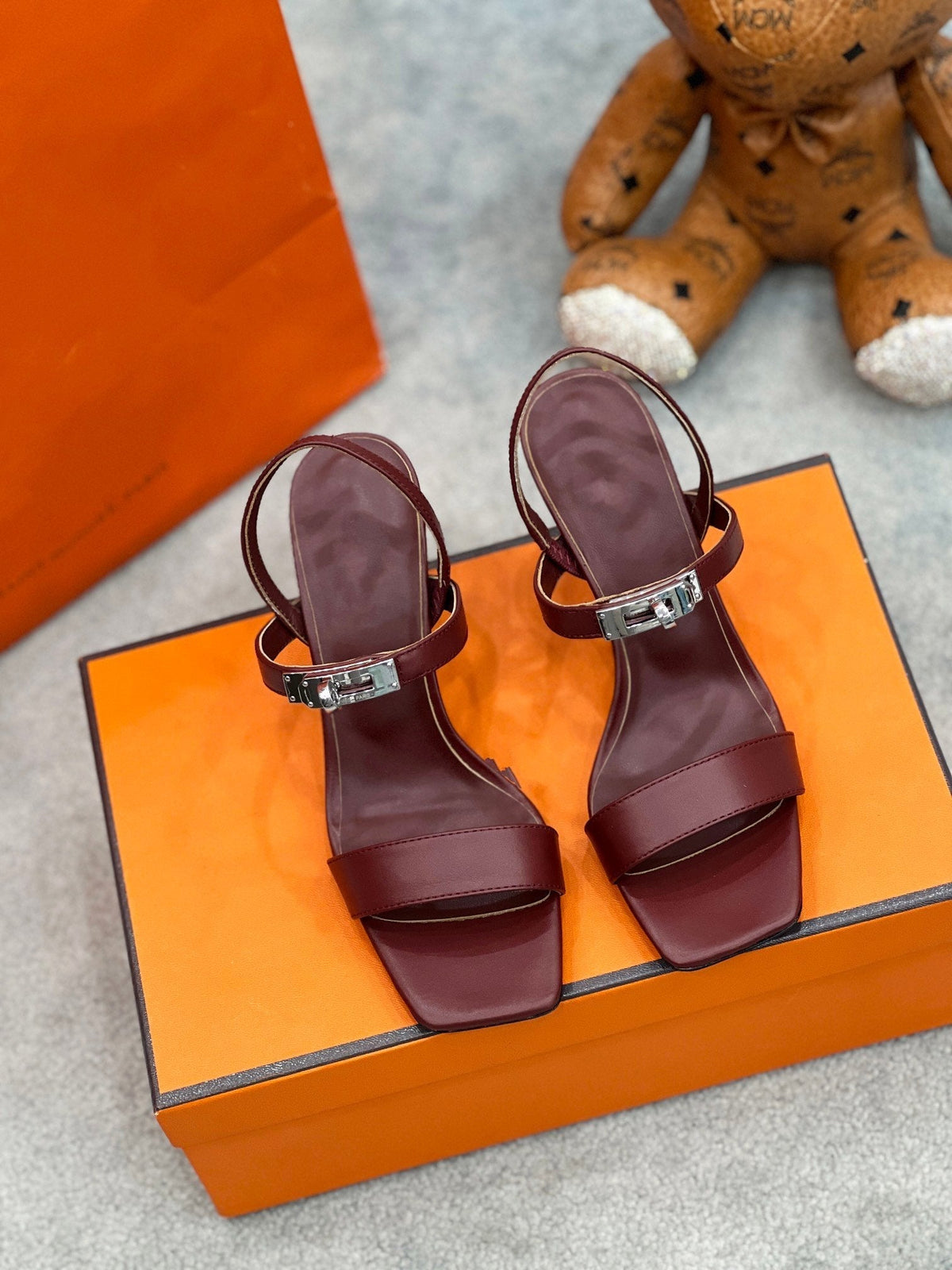 HERMES Glamour 75 Sandal Red Brown Leather