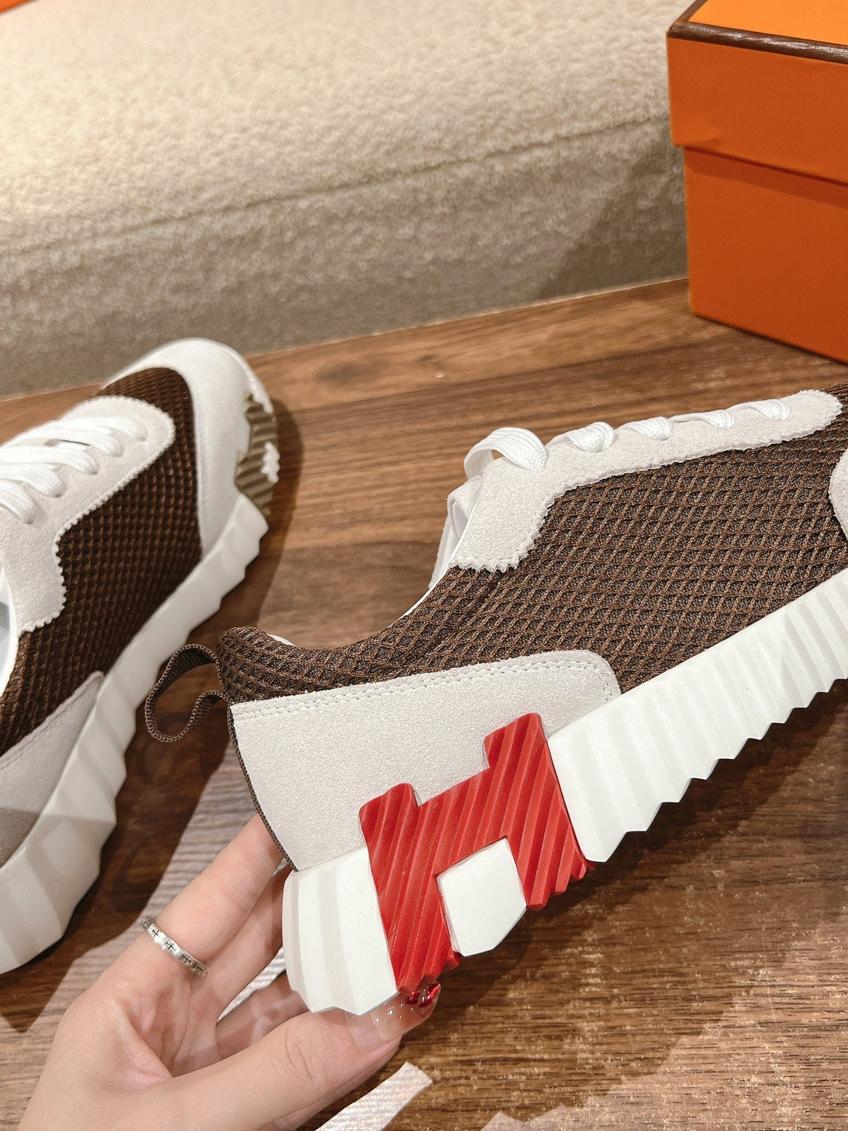 HERMES MAINLAND SNEAKER IN PALE GRAY SUEDE AND MOCHA BROWN BREATHABLE MESH FABRIC